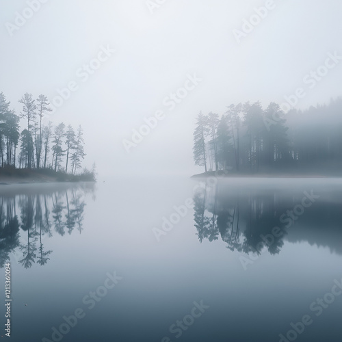 Misty lake with distant shoreline and trees in the fog photo