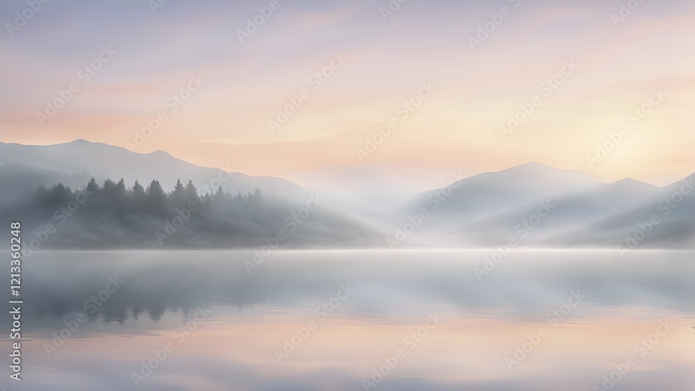 Fototapeta premium Serene sunrise over a tranquil lake reflecting misty mountains and a forest.