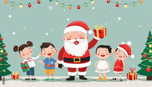 Wallpaper Mural Santa Claus with children and gifts in Christmas illustration. Torontodigital.ca