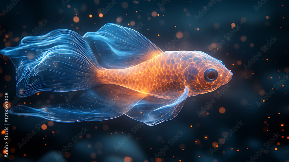 Glowing goldfish swims dark aquatic background; digital art, website design Glowing goldfish swims dark aquatic background; digital art, website design
