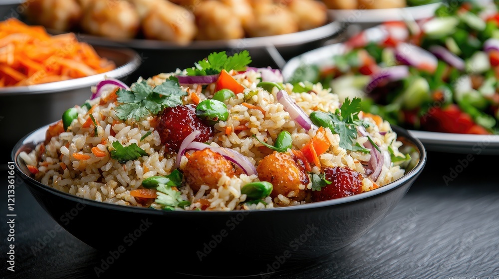 Delicious fried rice with vegetables and meat, served with sides, perfect for a restaurant menu or food blog Delicious fried rice with vegetables and meat, served with sides, perfect for a restaurant menu or food blog