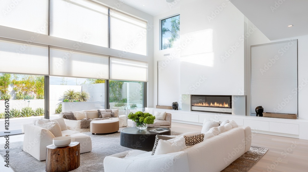 Luxurious Modern Living Room with Fireplace and Abundant Natural Light Luxurious Modern Living Room with Fireplace and Abundant Natural Light