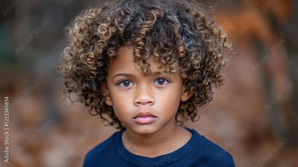 A young child stands in a forest surrounded by fallen leaves, displaying curly hair and a serious expression. The natural light highlights the child's features, creating a serene atmosphere A young child stands in a forest surrounded by fallen leaves, displaying curly hair and a serious expression. The natural light highlights the child's features, creating a serene atmosphere