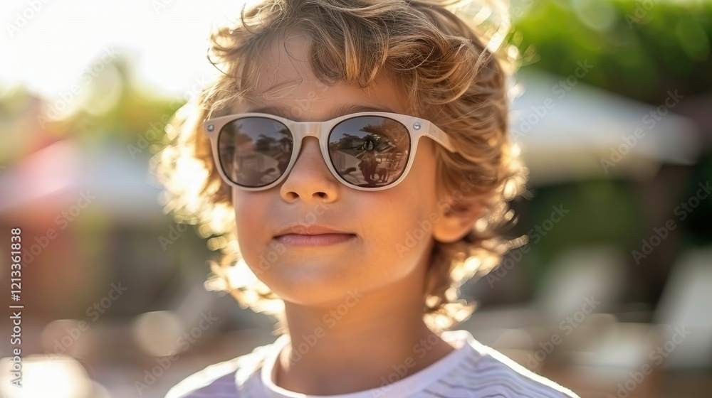 A young boy stands confidently in a beautiful garden, sporting trendy sunglasses and a relaxed outfit. Sunlight shines on his curly hair as he enjoys the warm summer day A young boy stands confidently in a beautiful garden, sporting trendy sunglasses and a relaxed outfit. Sunlight shines on his curly hair as he enjoys the warm summer day