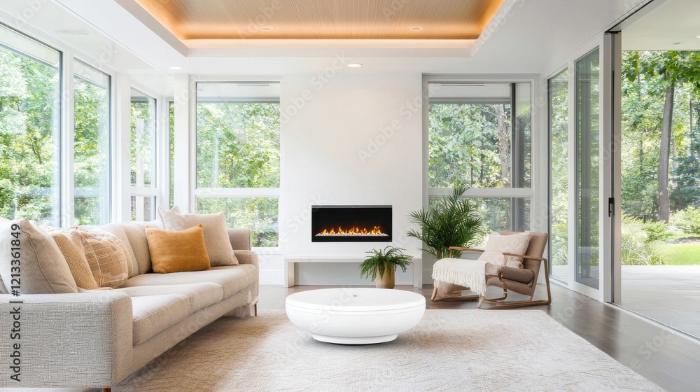 Bright and Airy Modern Living Room with Cozy Fireplace and Lush Nature Views Bright and Airy Modern Living Room with Cozy Fireplace and Lush Nature Views
