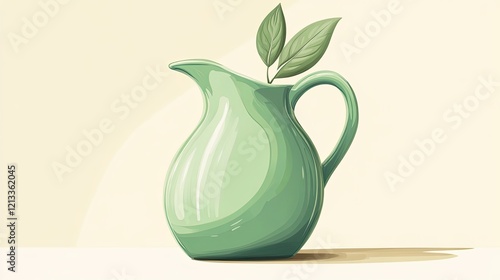 Green ceramic pitcher with leaves sits on a table