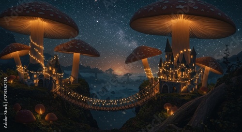 Enchanted Mushroom Castle: A whimsical fantasy landscape with glowing lights