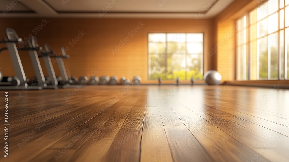 Obraz premium Modern gym interior with wooden floor and equipment