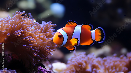 Fototapeta Naklejka Na Ścianę i Meble -  A colorful cartoon clownfish swimming in a coral reef 