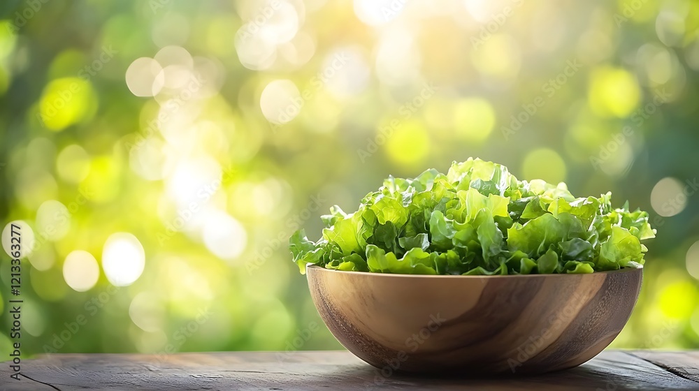Fresh green lettuce in a wooden bowl outdoors Fresh green lettuce in a wooden bowl outdoors