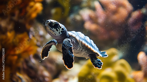 A cute baby turtle swimming underwater surrounded by coral 