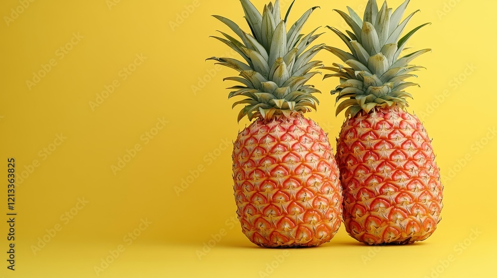Two ripe pineapples stand upright against a bright yellow background, highlighting their textured skin and leafy crowns in a celebration of tropical abundance Two ripe pineapples stand upright against a bright yellow background, highlighting their textured skin and leafy crowns in a celebration of tropical abundance
