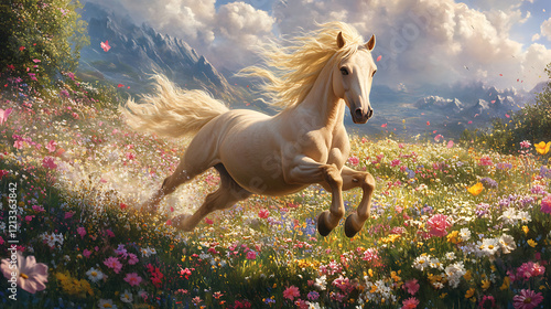 A playful pony galloping in a flower-filled meadow 