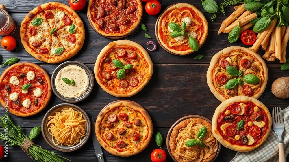 Italian cuisine assortment with various pizzas and pastas arranged in a double border on a dark wood banner background, copy space available for text, copy space, generative AI, assortment Italian cuisine assortment with various pizzas and pastas arranged in a double border on a dark wood banner background, copy space available for text, copy space, generative AI, assortment