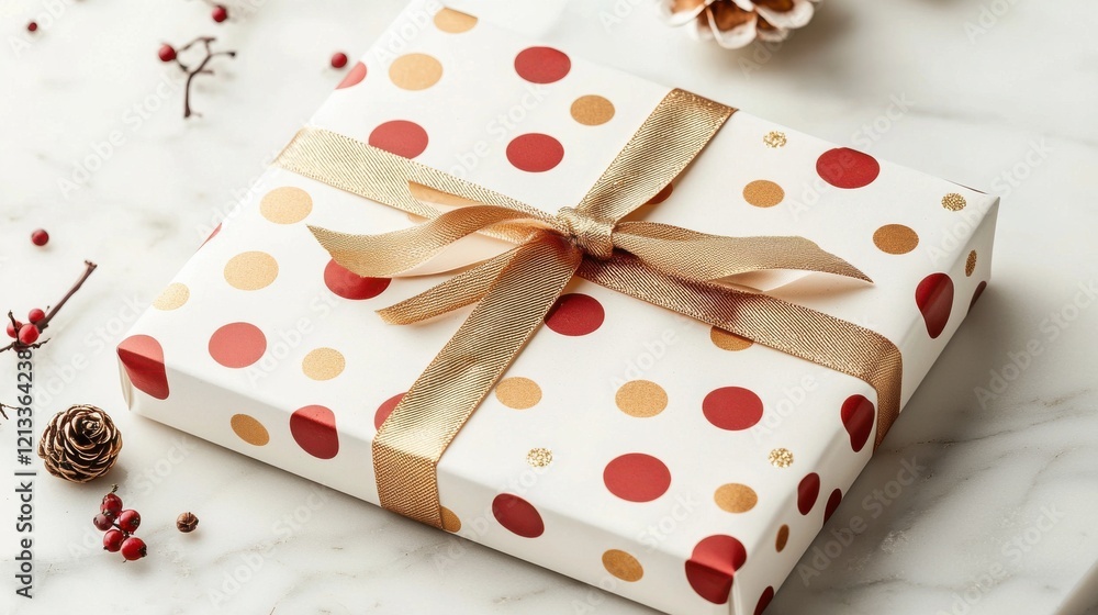 Beautifully Wrapped Present with Polka Dot Ribbon on Festive Background Beautifully Wrapped Present with Polka Dot Ribbon on Festive Background