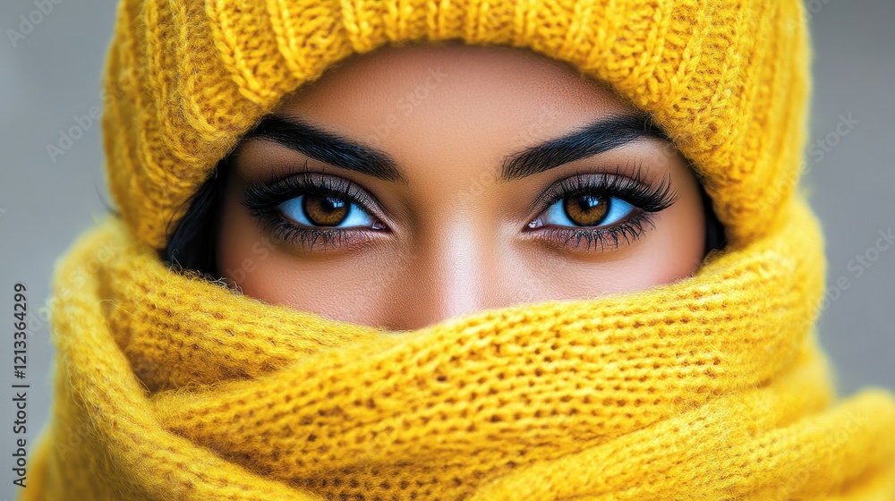 A young woman stands in a cold environment, her warm yellow scarf wrapped around her neck and face. Her captivating eyes shine through, reflecting the winter atmosphere A young woman stands in a cold environment, her warm yellow scarf wrapped around her neck and face. Her captivating eyes shine through, reflecting the winter atmosphere