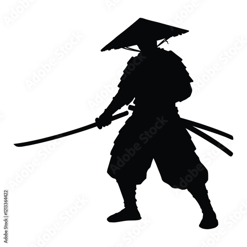  Beautiful Vector illustration. Silhouette of a Japanese samurai swordsman with a katana in his hand.