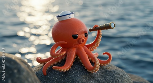 Adorable Sailor Octopus: 3D Rendered Coastal Scene photo