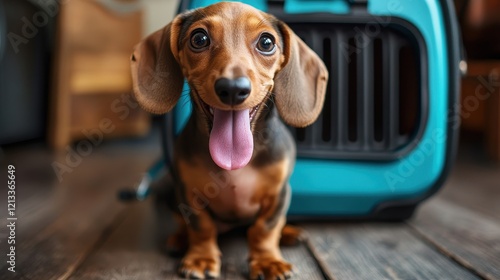 Happy dachshund puppy sits near its carrier. Perfect for travel, pet, or animal themes.