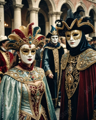 Retrato personas disfrazadas con máscaras y ropa de época en un carnaval photo