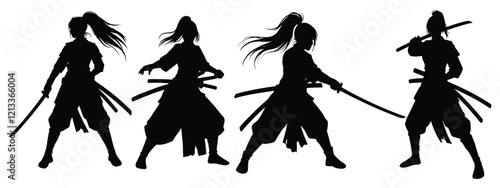  Set Of  Silhouettes of Female Samurai  vector illustration with white background