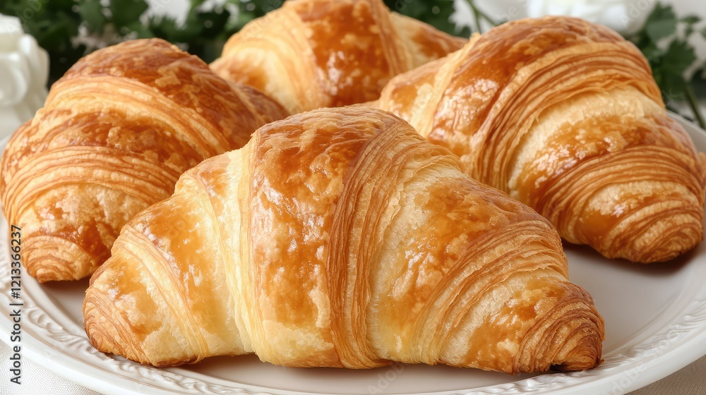 A close-up flat-lay of a fresh croissant, with light, airy layers, placed on a simple plate with ample room for copy A close-up flat-lay of a fresh croissant, with light, airy layers, placed on a simple plate with ample room for copy