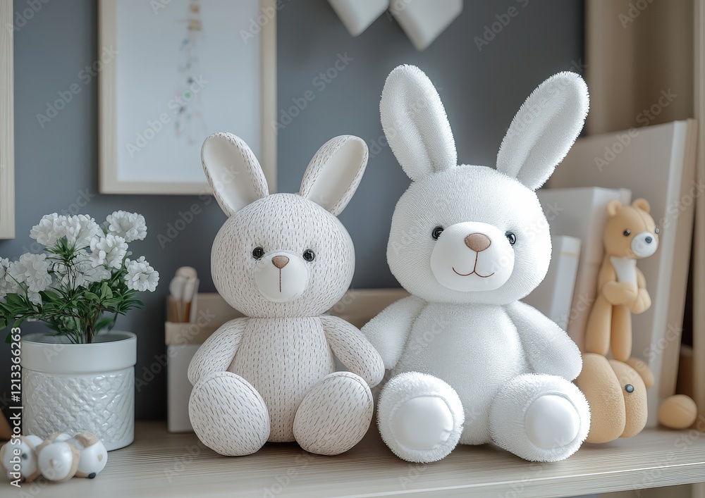 Obraz premium 3D rendering of a cute rabbit and white bear toy on a shelf in a children's room with a grey wall background, featuring a pastel color palette and minimalist style.