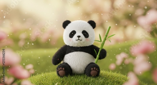 Adorable Panda Cub: Serene Spring Meadow, Soft Toy, Gentle Art photo