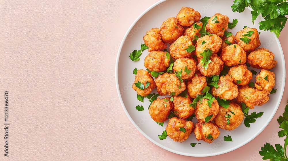 A close-up of fried chicken pieces on a plain white plate, placed on a neutral gradient background with ample copy space A close-up of fried chicken pieces on a plain white plate, placed on a neutral gradient background with ample copy space