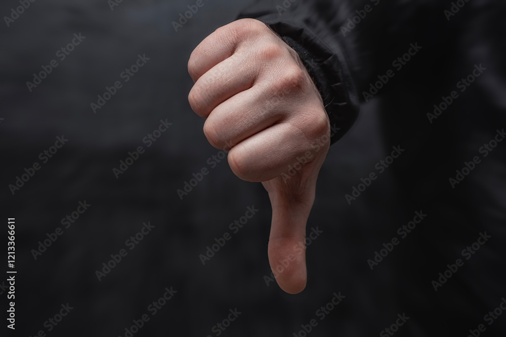 Customer's hand in shirt showing thumb down, close-up on dark background. Service evaluation and a symbol of failure. Customer's hand in shirt showing thumb down, close-up on dark background. Service evaluation and a symbol of failure.