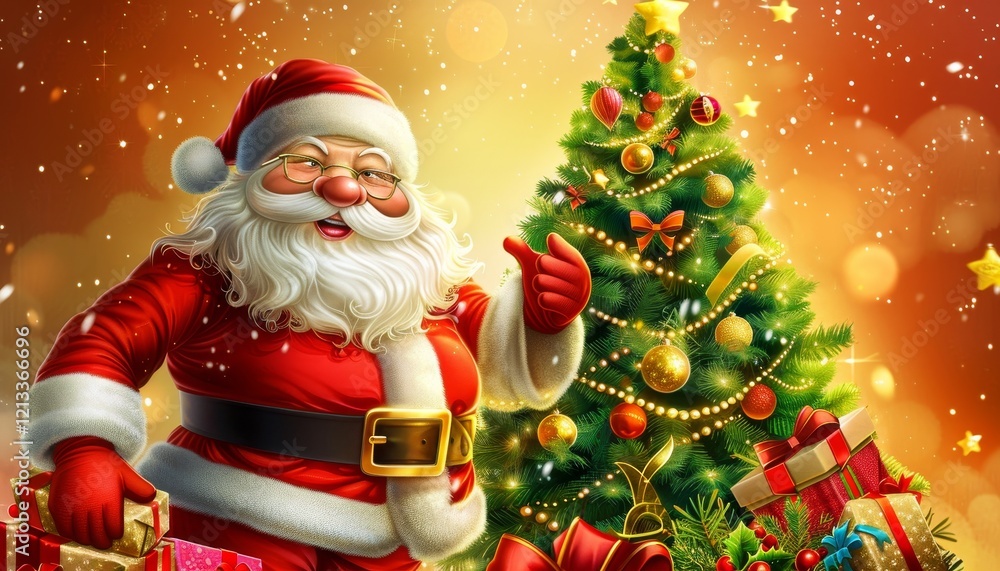 Santa Claus in a red suit with a white beard smiles and points at a decorated Christmas tree with gifts underneath. Santa Claus in a red suit with a white beard smiles and points at a decorated Christmas tree with gifts underneath.