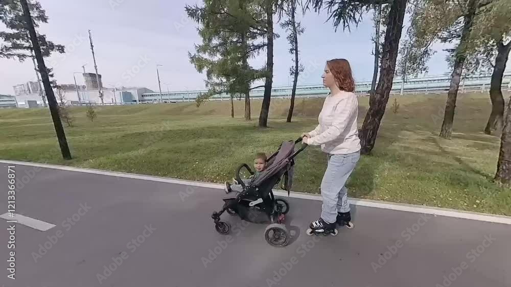 Caucasian woman roller skating with her toddler son in a stroller. Caucasian woman roller skating with her toddler son in a stroller.