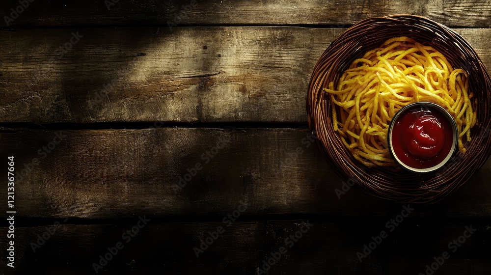 A dynamic shot of curly fries in a basket with a glossy ketchup bowl on the side, all placed on a rustic wooden surface with copy space A dynamic shot of curly fries in a basket with a glossy ketchup bowl on the side, all placed on a rustic wooden surface with copy space