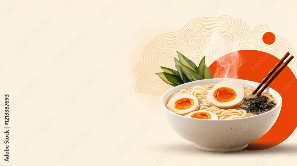 Steaming Hot Bowl of Japanese Ramen Noodles with Delicious Savory Ingredients Steaming Hot Bowl of Japanese Ramen Noodles with Delicious Savory Ingredients