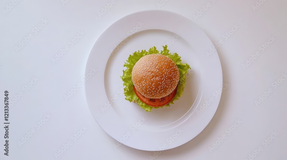 A flat-lay of a cheeseburger with lettuce, tomato, and cheese on a clean white plate, with plenty of space for copy
