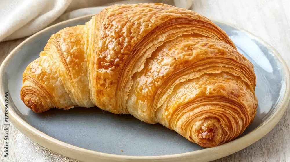 A flat-lay of a croissant with a crisp, golden exterior, placed on a plate with a soft linen napkin, leaving room for copy A flat-lay of a croissant with a crisp, golden exterior, placed on a plate with a soft linen napkin, leaving room for copy