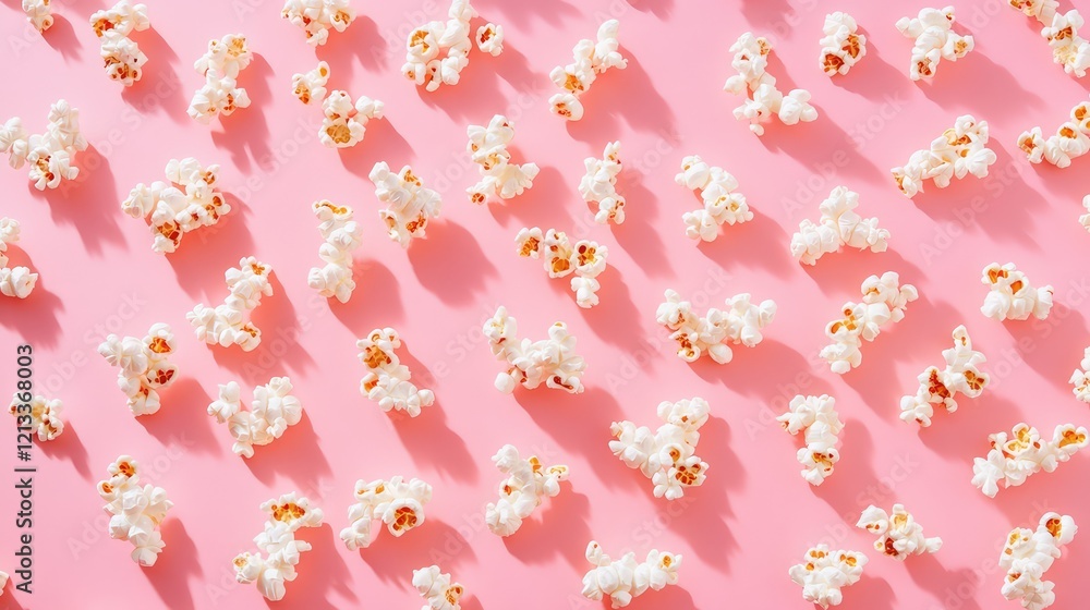 A flat-lay of popcorn spread across a pastel pink surface with movie clapper props, leaving room for copy A flat-lay of popcorn spread across a pastel pink surface with movie clapper props, leaving room for copy