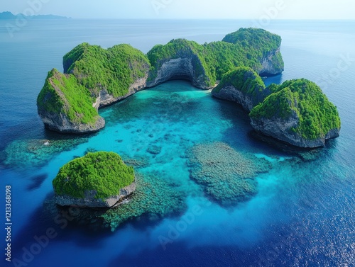 Aerial view of a cluster of islands with lush green vegetation in crystal clear turquoise waters photo