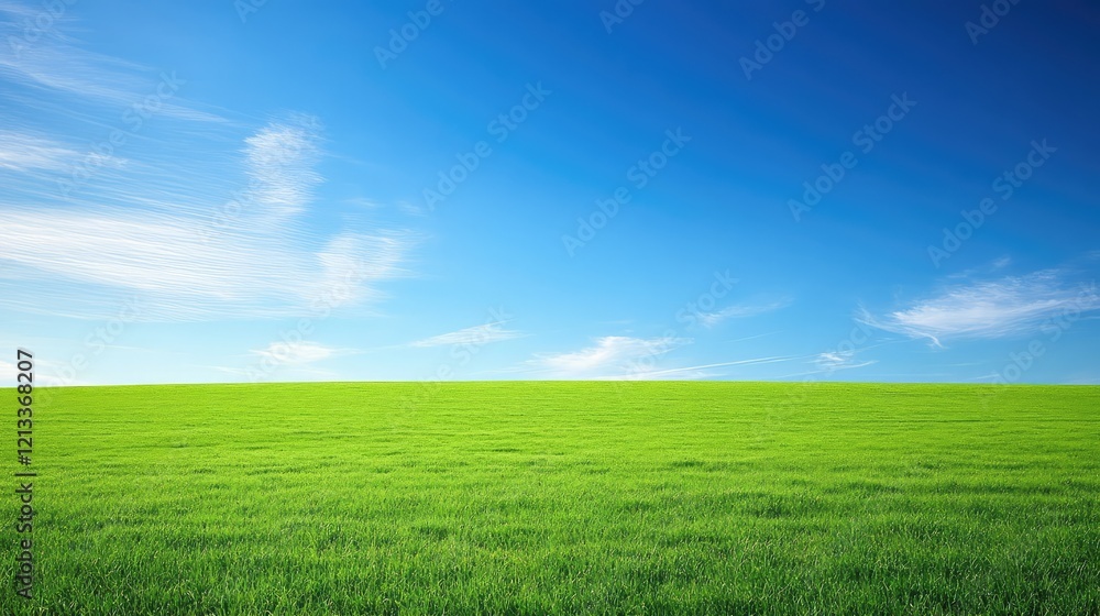 Obraz premium A green meadow with solar panels installed, contributing to carbon reduction, with a clean, blue sky above for copy