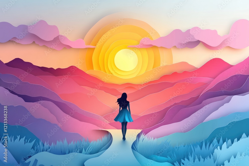 Obraz premium Path to the future - a silhouette of a girl walking along a winding road in a vibrant abstract landscape with the sun and clouds, symbolizing hope, self-growth, and dreams of achieving goals