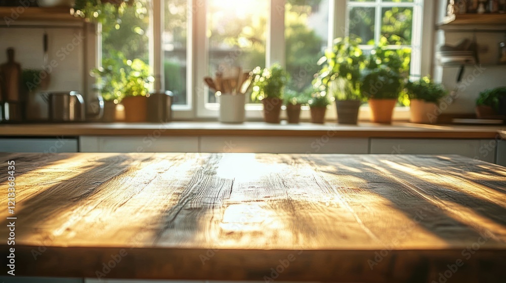 rustic wooden table in a cozy kitchen interior with warm sunlight and green plants creating a simple and inviting ambience rustic wooden table in a cozy kitchen interior with warm sunlight and green plants creating a simple and inviting ambience