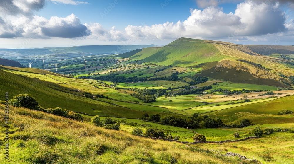 Obraz premium A landscape of a wind farm on a bright, sunny day with green fields and space for text above