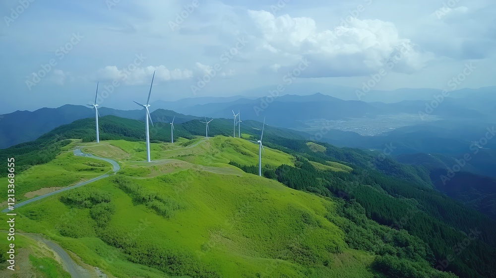 A landscape of wind turbines on rolling green hills under a bright sky, symbolizing carbon reduction, with open space for copy above A landscape of wind turbines on rolling green hills under a bright sky, symbolizing carbon reduction, with open space for copy above