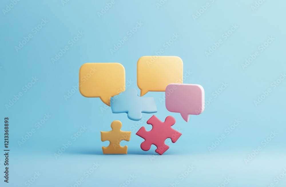3D render of pastel puzzle pieces and speech bubbles on blue background. 3D render of pastel puzzle pieces and speech bubbles on blue background.