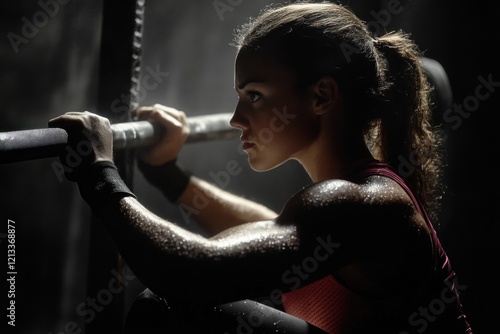 Young sportswoman preparing for gymnastics competition under low key lighting in gym with worry and determination showing strength and perseverance photo