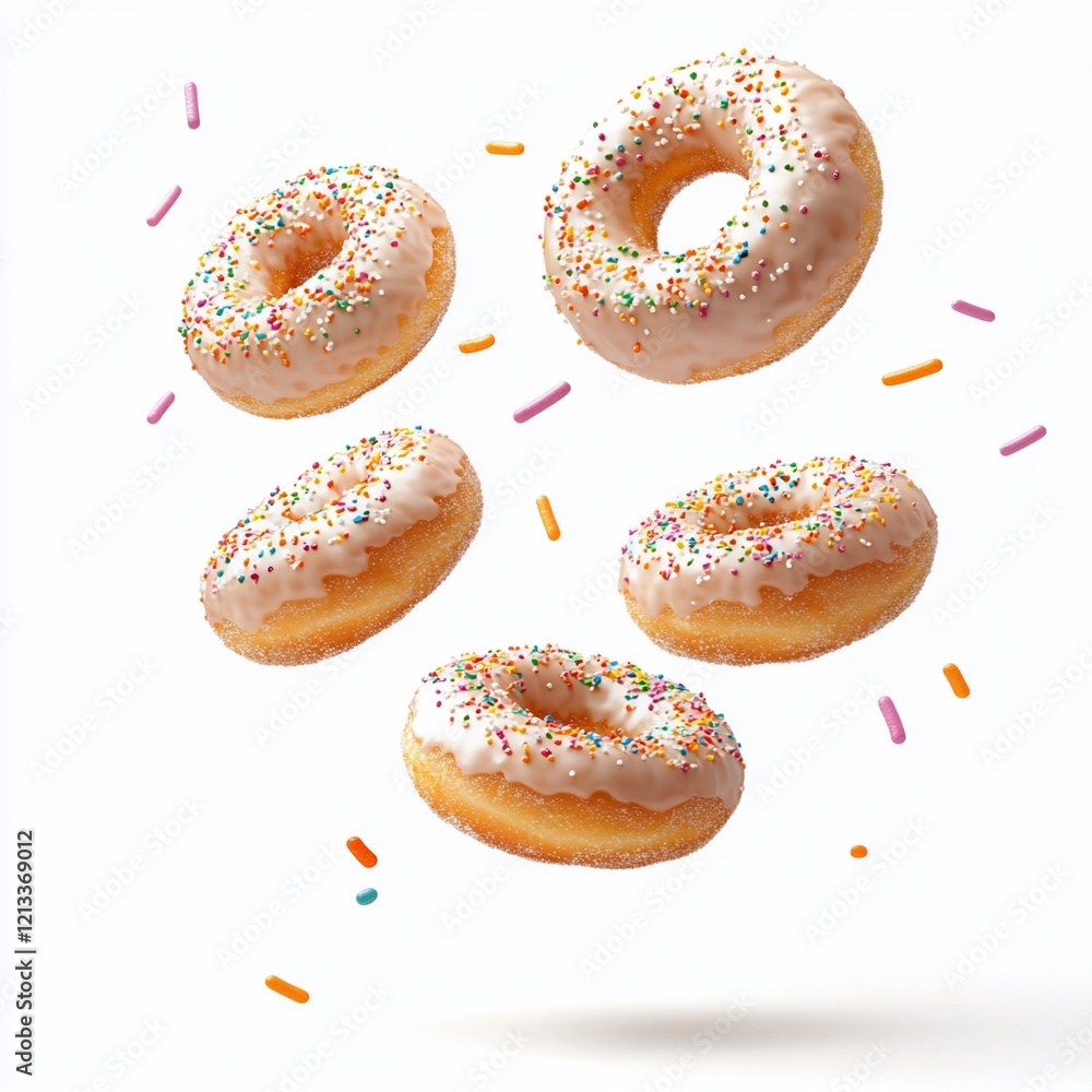 Five glazed donuts with sprinkles levitating against a white background. Five glazed donuts with sprinkles levitating against a white background.