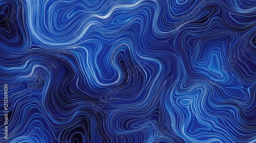 A minimalist aerial view of rhythmic wave formations in deep ocean water, creating abstract textures and gradients of blue