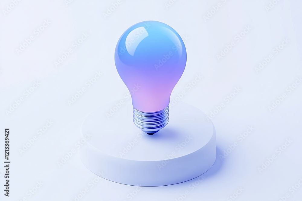 A vibrant blue and pink lightbulb sits on a white pedestal against a white background. A vibrant blue and pink lightbulb sits on a white pedestal against a white background.