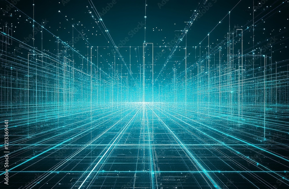 Fototapeta premium Abstract digital cityscape with glowing teal lines and squares on a dark background, illuminated by neon lights and casting long shadows.