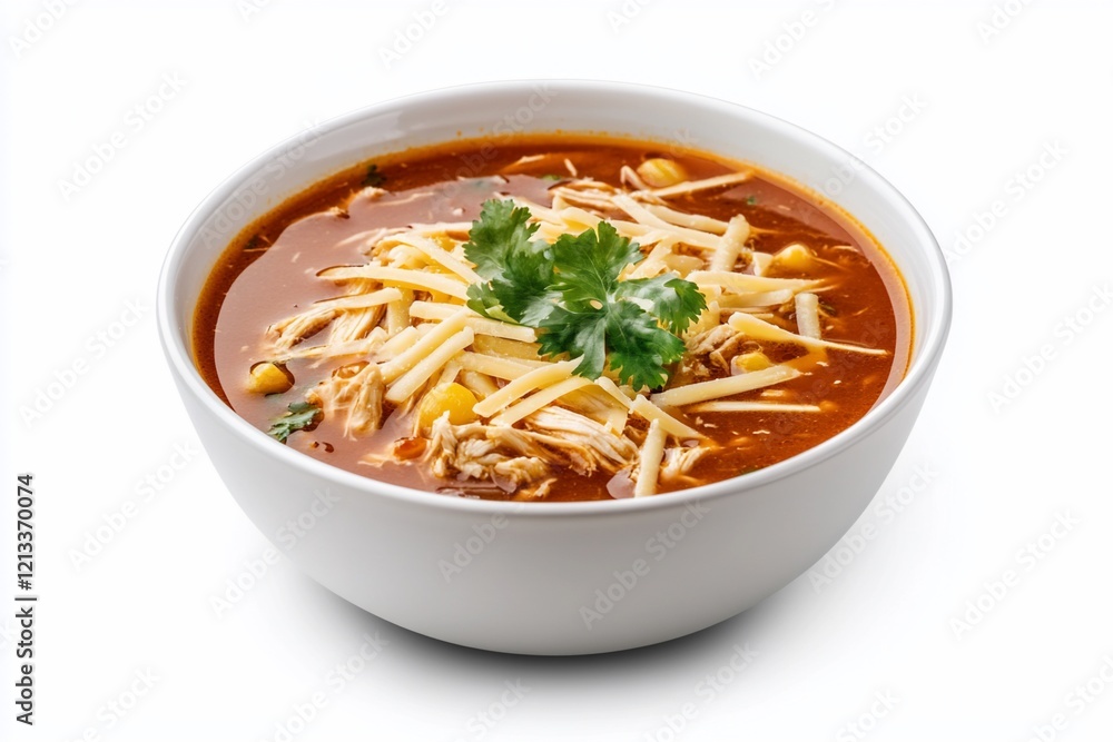 Delicious chicken tortilla soup in a bowl, garnished with shredded cheese and cilantro. Delicious chicken tortilla soup in a bowl, garnished with shredded cheese and cilantro.